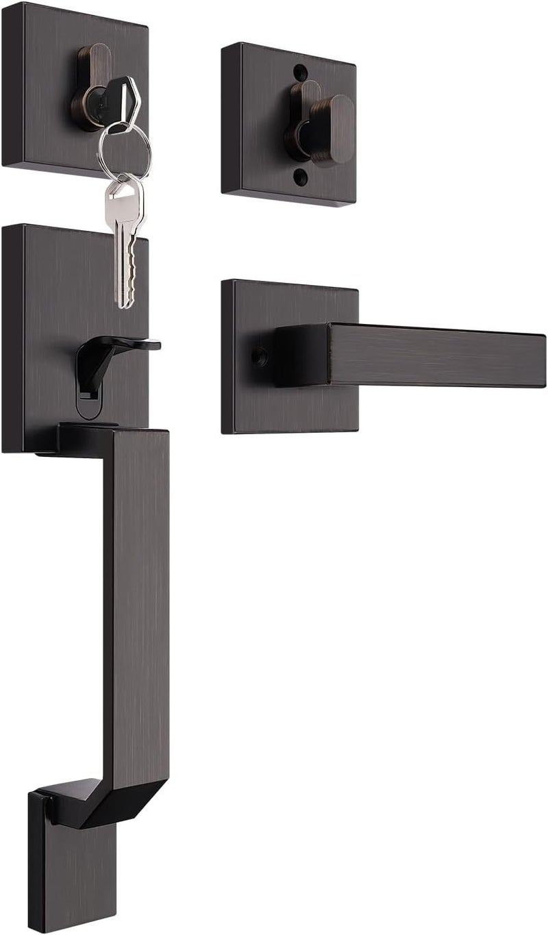 Tinewa Oil Rubbed Bronze Square Front Door Handle with Classic Door Lever and Single Cylinder Deadbolt, Upgrated Exterior Entry Door Lock, Reversible for Left & Right Handed 1 Pack - Image 1